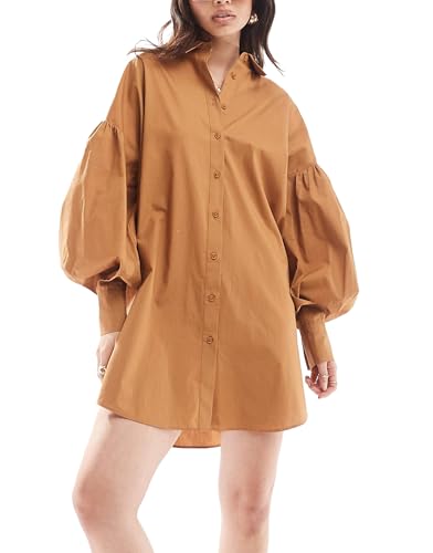 Women's Mini Shirt Dress V Neck Button Down Puff Long Sleeve Tunic Dress Loose Fit Brown