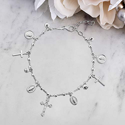 Sterling Silver Cross and Miraculous Beaded Charm Bracelet for Women 6.75 Inch with 1 Inch Extender2