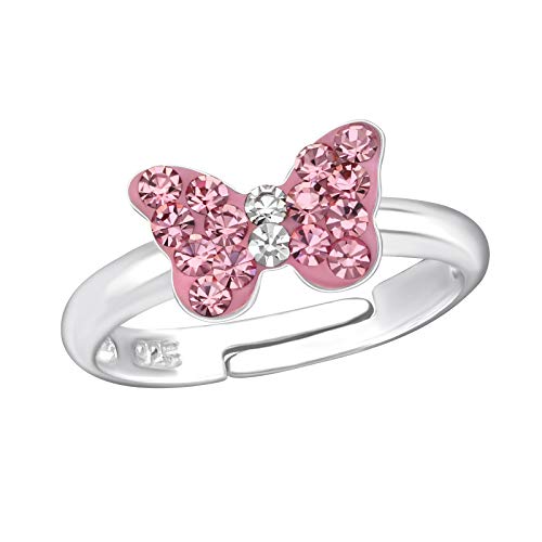 Aube Jewelry Hypoallergenic 925 Sterling Silver Crystal Butterfly Ring Adjustable Size for Girls and Women (Pink)