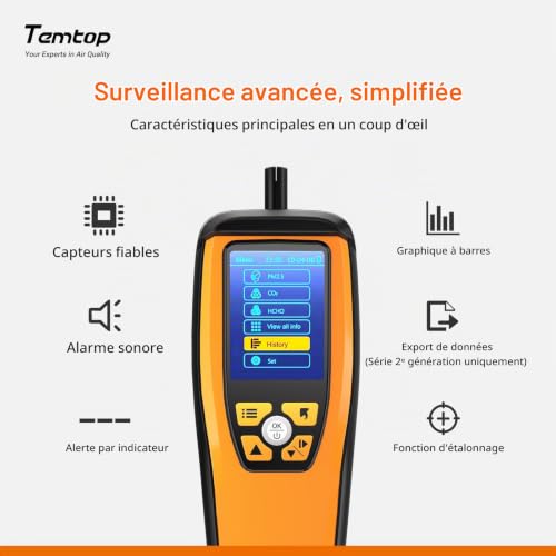 Temtop M2000 2e Moniteur de la qualité de l'air PM2,5 PM10 Particules CO2 HCHO Sortie des données de température et d'humidité Courbe d'enregistrement Étalonnage Facile – vue 4