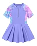 Ghteas Girls Short Sleeve Swimsuit Ruffle Skirt Summer Beach Swimwear with Zipper Swim Suits Size 7 Girls Purple Bathing Suits for 8 Years One Piece Swimsuit Size 7-8 for All Water Activities