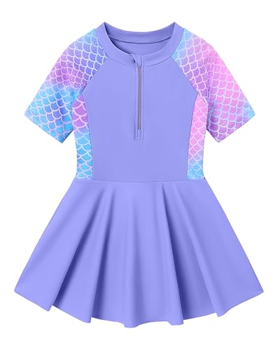 Ghteas Girls Short Sleeve Swimsuit Ruffle Skirt Summer Beach Swimwear with Zipper Swim Suits Size 7 Girls Purple Bathing Suits for 8 Years One Piece Swimsuit Size 7-8 for All Water Activities