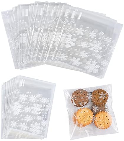 Christmas Cellophane Bags, 100 Pcs Clear Resealable Snowflake Sealed Plastic Package Cellophane Bags with Adhesive Closure for Bakery, Cookie, Candies, Dessert Poly Bags, 3.9*3.9 Inch