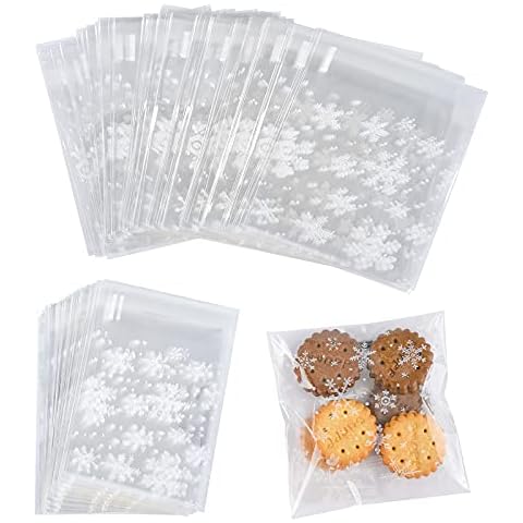Christmas Cellophane Bags, 100 Pcs Clear Resealable Snowflake Sealed Plastic Package Cellophane Bags with Adhesive Closure for Bakery, Cookie, Candies, Dessert Poly Bags, 3.9*3.9 Inch Cover