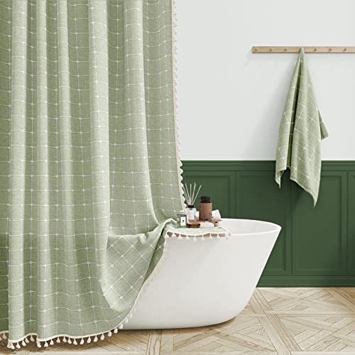 Image of BTTN 80 Inch Long Shower Curtain - 72x80 Boho Farmhouse Linen Vintage Fabric Shower Curtain Set with 12 Plastic Hook, Aesthetic Rustic Country Weighted Cloth Shower Curtains for Bathroom - Sage Green