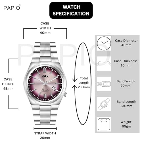 Image of PAPIO Men's Quartz Analogue Watch, Silver Stainless Steel Band, Round Dial with Date Display