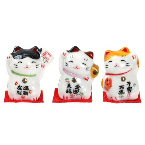Wasise Maneki Neko - 3PCS Lucky Cat Japanese Decor Lucky Cat Waving Arm Japanese Ceramics Fortune Decor Kotobuki Maneki Neko Charm Waving Cats Placed on The Car Desk or Bedside for Home or Office