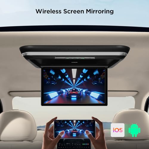 XTRONS 15.6 Inch Motorized Car Overhead Player, 8K FHD IPS Screen Android Car Roof Mount Monitor Built-in Stereo Speakers, Auto Flip Down Car Monitor Support HDMI USB Input
