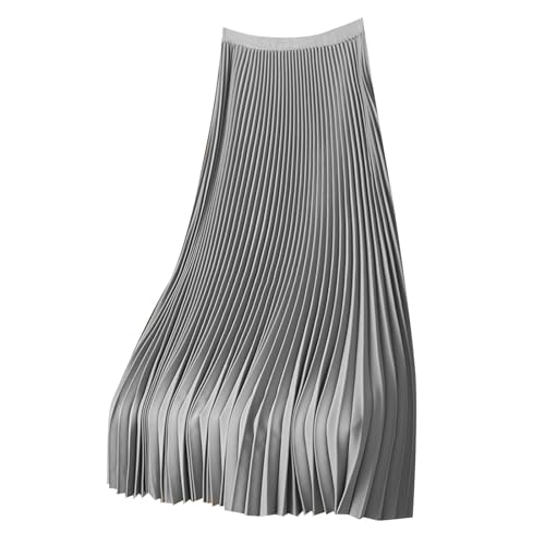 Women's Satin Metallic Pleated Skirt Elastic High Waist Flare Casual Long Swing A-Line Skirt Shiny Flowy Midi Skirt