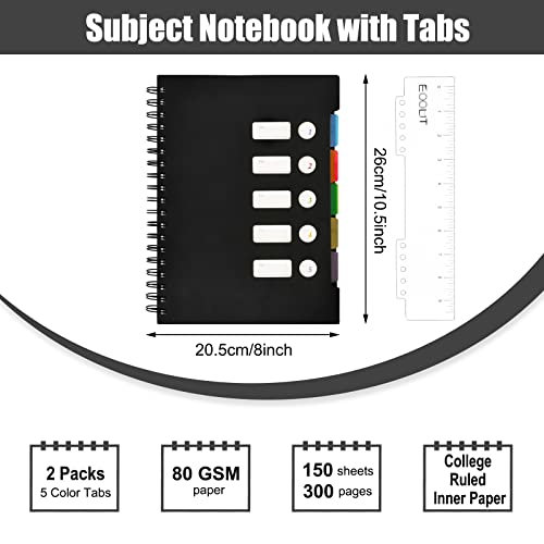Eoout 2 Pack 5 Subject Notebook, Notebook For Work, B5 Spiral Notebook College Ruled With Tabs, 8 X 10.5Inch, 300 Pages Lined Journal With 5 Pocket Colored Dividers For School Home Office Supplies #TOP1