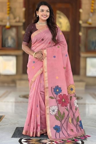 Image of SGF11 Women's Soft Cotton Linen Silk Saree With Blouse Piece