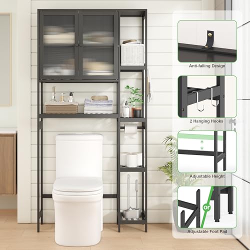 Wisuce Essentials Over The Toilet Storage Cabinet Above Toilet Bathroom Organizer with Toilet Paper Holder Stand Bath Organizer with Adjustable Shelves & Acrylic Doors,Anti-Tip Device (Black) - Thumbnail 6