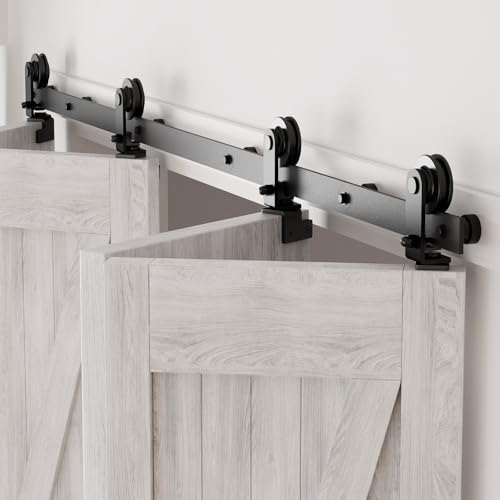 214cm/7FT Rail Porte Coulissante Pliante Kit Roulette Suspendue Systeme Noir pour 4 Porte Coulissante Interieur 52cm Large T Roues