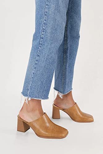Trish Lucia Womens Chunky Stacked Heel Mules Closed Square Toe Heeled Slip On Clogs Casual Backless Loafers Shoes Light Brown #TOP2