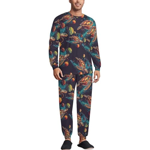 Sea Turtler Planets Art Men’s Pajama Set Long Sleeve Top And Pants Loungewear Sleepwear Pjs Nightwear