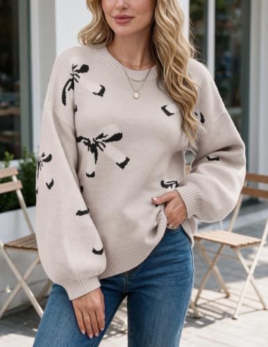 Image of Libsorge Womens Oversized Cute Bows Crewneck Pullover Sweater