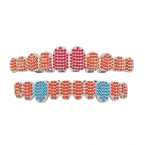 Grillz de 10 dientes con circonitas de colores y baño de oro 18K para raperos