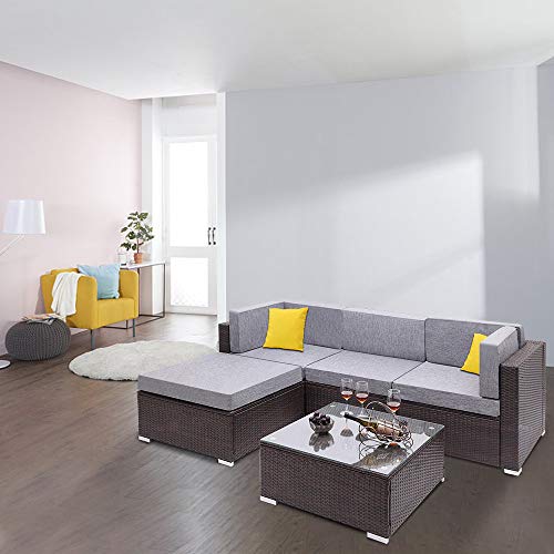 FAVOR Conjunto de Sofá Moderno de Canto de Vime de Rattan com Almofadas para Jardim ao Ar Livre Conj