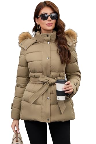 Image of PAPILLON D'OR Women's Belted Mid-Length Puffer Coat - Detachable Faux Fur Collar & Hood, Hidden Fleece Pockets, Dual-Closure Winter Jacket (Beige-Apricot, S)