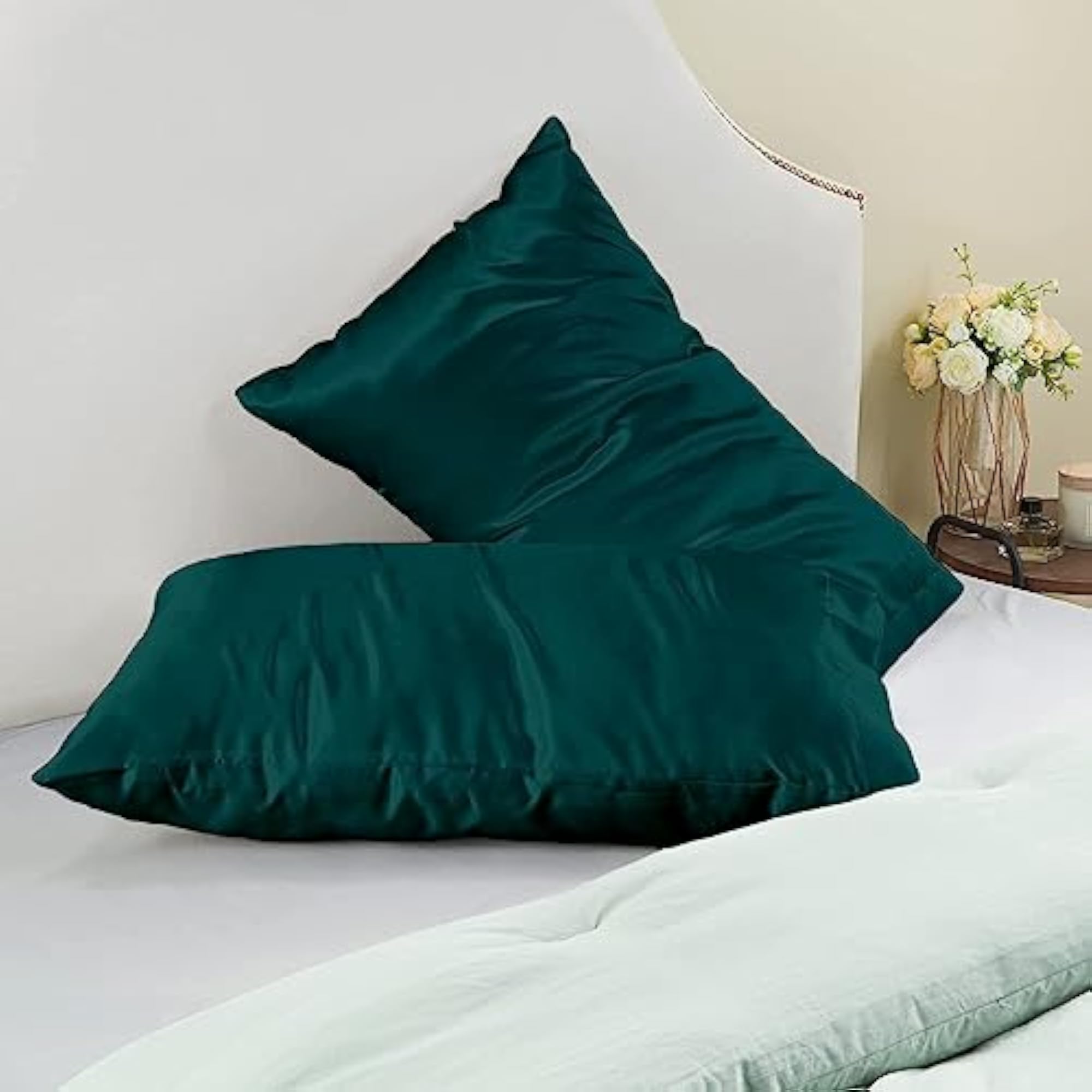 Teal Satin Silk Pillow Covers, Pack of 2