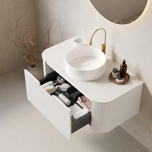 Image of KEIKI 36 inch Wall-Mounted Floating Bathroom Vanity with Sink, Modern 3D Striped Cabinet, Soft-Close Drawer, Space-Saving Minimalist Design, Pre-Assembled, White