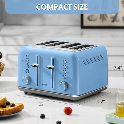 Image of BUYDEEM DT640 4-Slice Toaster, Extra Wide Slots, Retro Stainless Steel with High Lift Lever, Bagel and Muffin Function, Removal Crumb Tray, 7-Shade Settings,Blue
