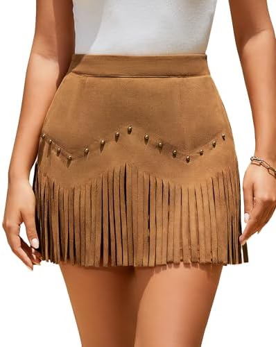 Women Suede Fringe Mini Skirt with Rivets High Waist Elastic West...