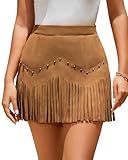 UpFind Women Suede Fringe Mini Skirt with Rivets High Waist Elastic Western Cowgirl Skirts with Zipper Country Concert Outfits, Brown/Medium