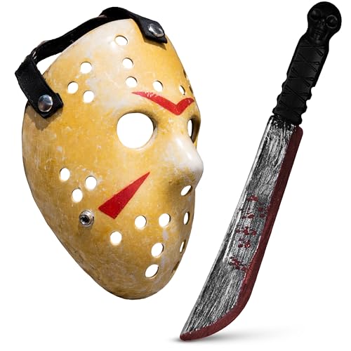 itsSpooky Adult Yellow Horror Masquerade Party Hockey Mask & Slasher Machete Set for Halloween Cosplay Mask & Machete Prop Halloween Horror Adult Costume Parties