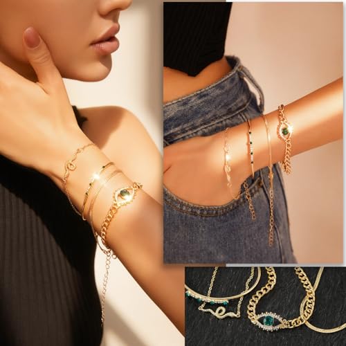17IF 4 Pcs Gold Bangle Bracelet for Women, Dainty 14k Chunky Trendy Hand Cuff Jewelry Set Charm Stack Accessories Link Adjustable Wrist for Aesthetic Outfit2