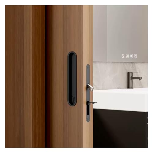Fihatokus 6' Black Pocket Door Lock with Edge Pull - Keyless Privacy Lock, Flush Mount Recessed Handles, Hidden Screw Design for Bedroom Bathroom Office, Fits 1-3/8' to 1-3/4' Wood Doors