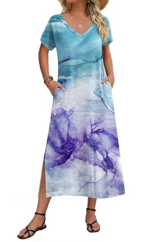 Image of Zeagoo Women Summer Floral Dress Short Sleeve Beach Dress with Pockets Casual V-Neck Split Long T-Shirt Dress Travel Vacation
