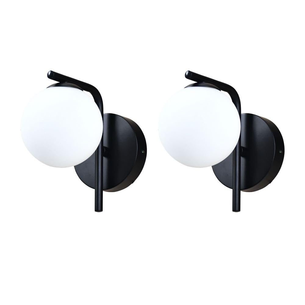 firstchoicelighting Set of 2 Modern Black Wall Lights with White Glass Shade, Sconce Lamp Fixture for Kitchen, Hallway, Bedroom & Living Room � Contemporary Metal Reading Lamp