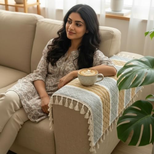 Image of STITCHNEST Printed Quilted Sofa Arm Cover with Tassels | Stylish Hand Rest Protector | Soft & Durable | 18 x 22 Inches
