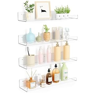 upsimples 4 Pack Acrylic Shelves for Wall Storage, 15″ Floating Bookshelves for Kids, Display Shelf Organizer for Bathroom, Bedroom, Living Room, Kitchen, Room Decor, Clear