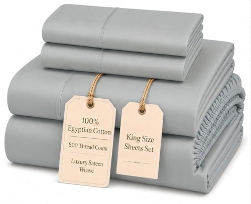 Image of 100% Cotton Sheets, 800 Thread Count 4 Piece King Size Sheets Set - Silver | King Sheet Set, Sateen Weave Luxury Hotel Sheets with 15 inch Deep Pocket, Breathable Extra Long Staple Egyptian Cotton Softness