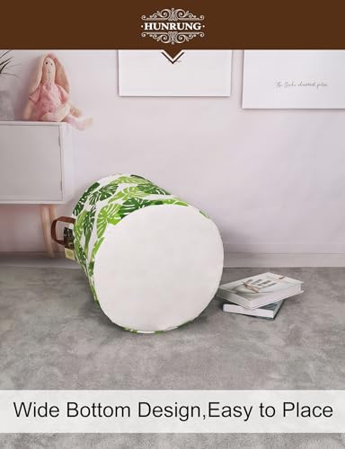 HUNRUNG Laundry Hamper,Large Canvas Fabric Lightweight Storage Basket Toy Organizer Dirty Clothes Collapsible Waterproof for College Dorms, Children Bedroom,Bathroom (Round Leaf) - Thumbnail 2