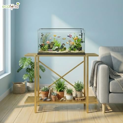 Image of ecofynd 2-Tier Fish Tank Stand, Double-Layer Aquarium Stand with Adjustable Table Feet, Heavy Metal Storage Rack Suitable for Home and Office, (Gold, FS-PS049)
