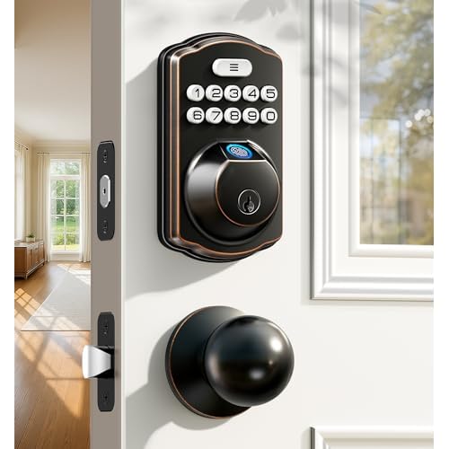 Veise Fingerprint Door Lock with 2 Knobs - Keyless Entry Door Lock with Handle, Electronic Keypad Deadbolt, Smart Front Handle Set, Auto-Locking, Waterproof, Easy Installation, Oil-Rubbed Br