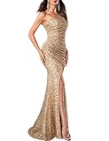 DOUMIFLY Women’s Strapless Sequin Prom Dress high Slit Dress Corset Dress Formal Cocktail Dresses for Women Formal Gold