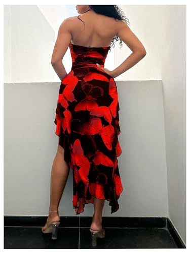 WDIRARA Women's Butterfly Print Asymmetrical Bodycon Maxi Dress Split Ruffle Trim Strapless Tube Dresses2