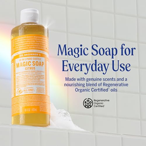Image of Dr. Bronner's Pure-Castile Magic Soap Liquid (Citrus, 8 Ounce) - Made with Regenerative Organic Certified Oils, 18-in-1 Uses: Face, Body, Hair, Laundry, Pets and Dishes, Concentrated, Vegan, Non-GMO