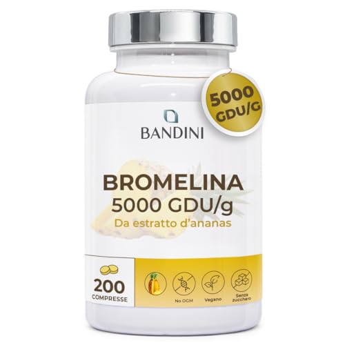 Bandini® Bromelina Forte 5000 GDU/g Gastroprotetta 200 Compresse, Enzima Digestivo, Estratto di Ananas, Bromelina Strong, Pura, Alto Dosaggio, Maggior Assorbimento, 100% Vegano