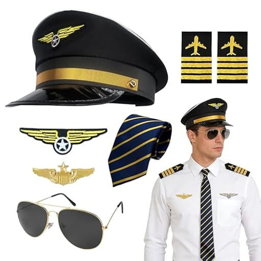 GYIOFAI Juego de 7 accesorios para disfraz de capitán piloto, kit de disfraz de capitán de avión militar de Halloween, sombrero de aviador, brazalete, gafas de corbata, para fiesta de disfraces de | Ya disponible en tu tienda friki favorita! En mundofriki.es!