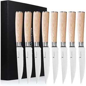4.5” Serrated Steak Knife Set of 8, High Carbon Stainless Steel, Ergonomic Pakkawood Handle