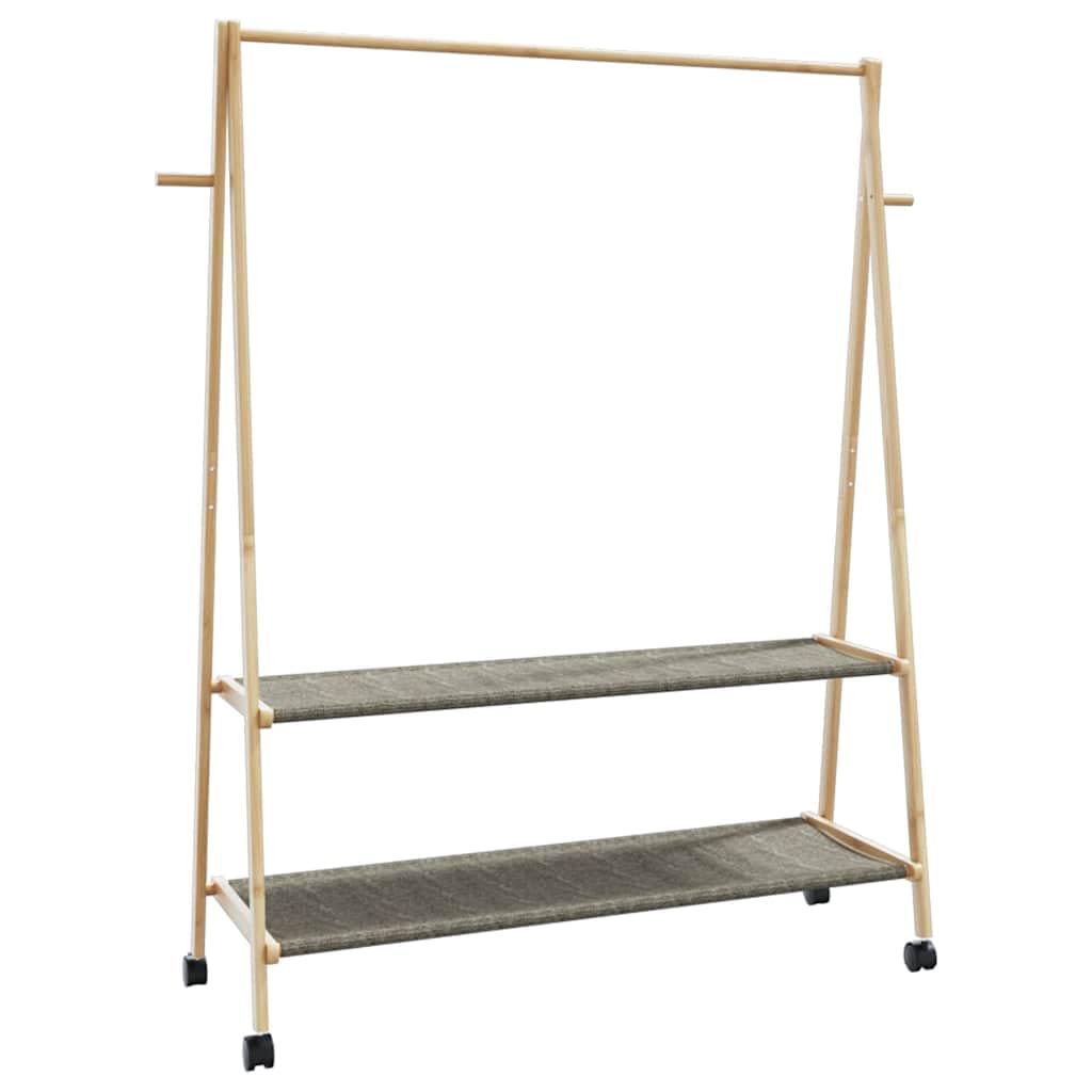 Kleiderständer Bambus mit Ablagen und Rollen 132x45,5x155,5 cm freistehend faltbar platzsparend stabil mit Kleiderstange Haken Garderobenständer für Schlafzimmer Flur Wohnzimmer