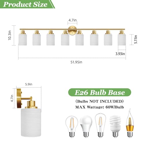 Image of 8-Light Vanity Lights, Brushed Gold Bathroom Light Fixture with Striped Textured Milky White Glass Shade, Modern Vanity Lighting Fixture for Bathroom Wall Light Over Mirror, E26 Wall Sconce