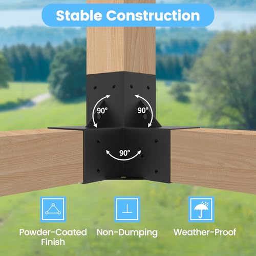 Neorexon Pergola Bracket Kit Elevated Wood Stand Kit Woodwork 4\" x 4\" (Actual 3.5\" x 3.5\"), Solid Steel DIY Pergola Hardware Kit, 2PCS 3-Way Right Angle Corner Bracket & 2PCS Base Bracket