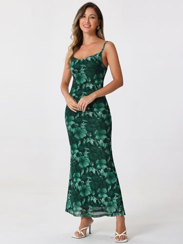 Image of Allegra K Women Wedding Guest Mesh Floral Spaghetti Strap Dress | Maxi. Sleeveless design with fishtail hem. Suitable for club, party, cocktail, homecoming.
