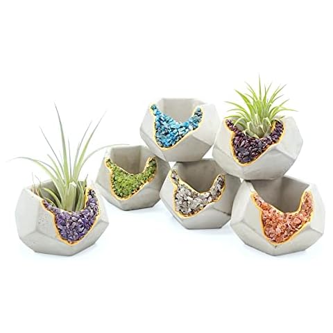 My Urban Crafts 6 Pack Small Crystal Cement Pots - Unique Air Plant Holders - 3 Inch Mini Geode Concrete Plant Pots with Drainage Hole - Geometric Succulent Pots - Decorative Tealight Candle Holders Cover